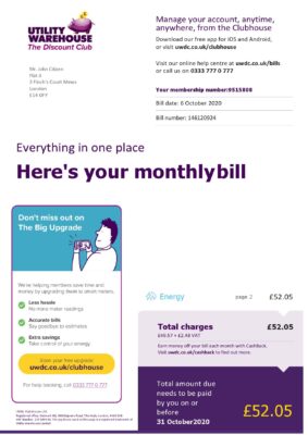 United Kingdom Utility Warehouse electricity utility bill template in Word and PDF format (6 pages)
