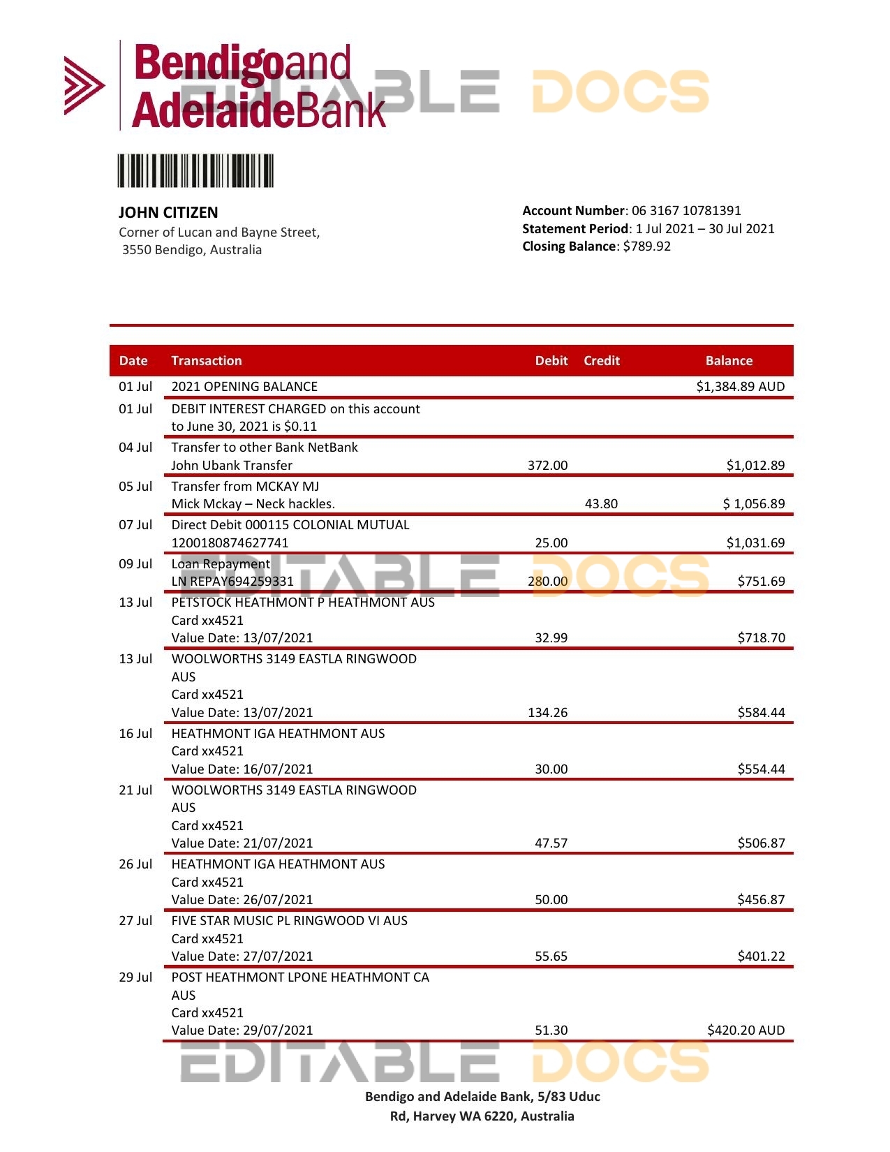 Australia Bendigo and Adelaide Bank bank statement template in Word and PDF format