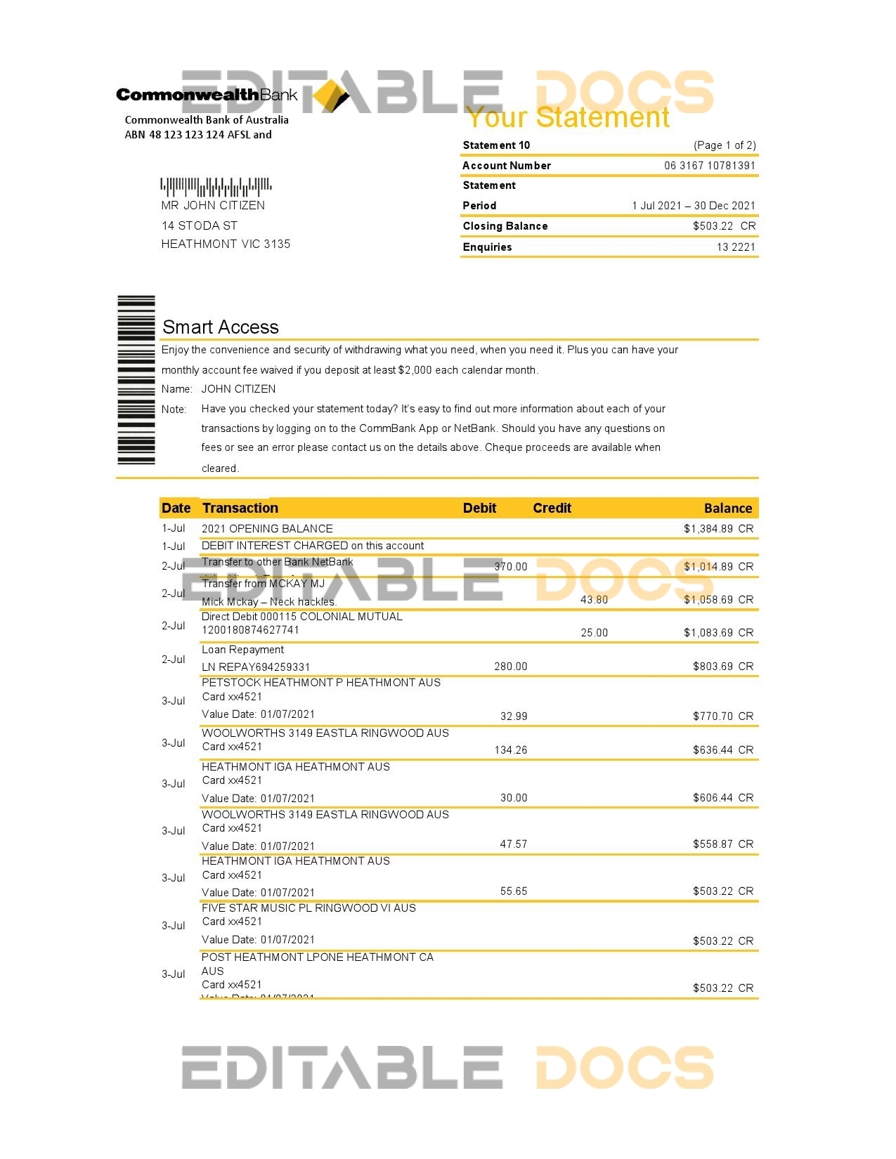 Australia Commonwealth Bank statement template in Excel and PDF format, fully editable