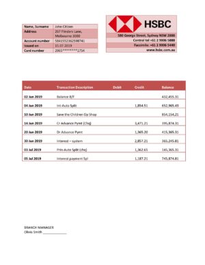 Australia HSBC bank statement template fully editable in Word and PDF format