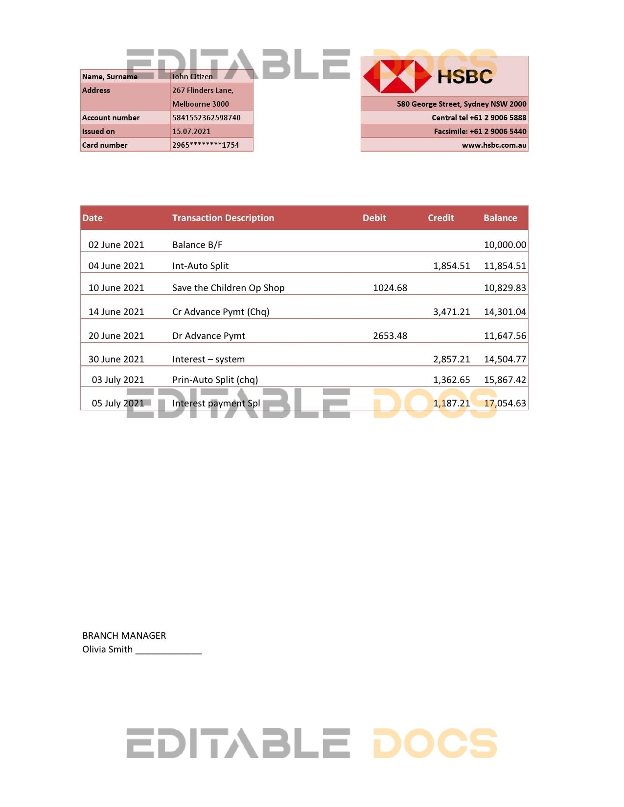 Australia HSBC Bank statement template in Excel and PDF format, fully editable
