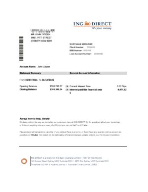 Australia ING Direct bank statement easy to fill template in Excel and PDF format
