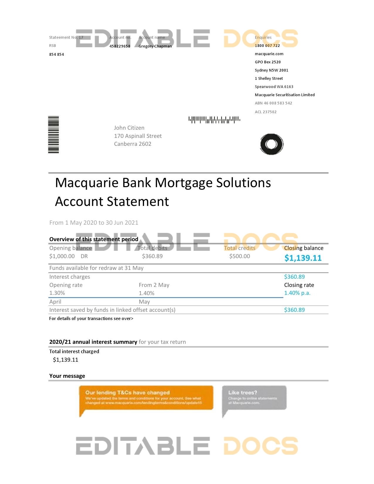 Australia Macquire Bank statement easy to fill template in Excel and PDF format