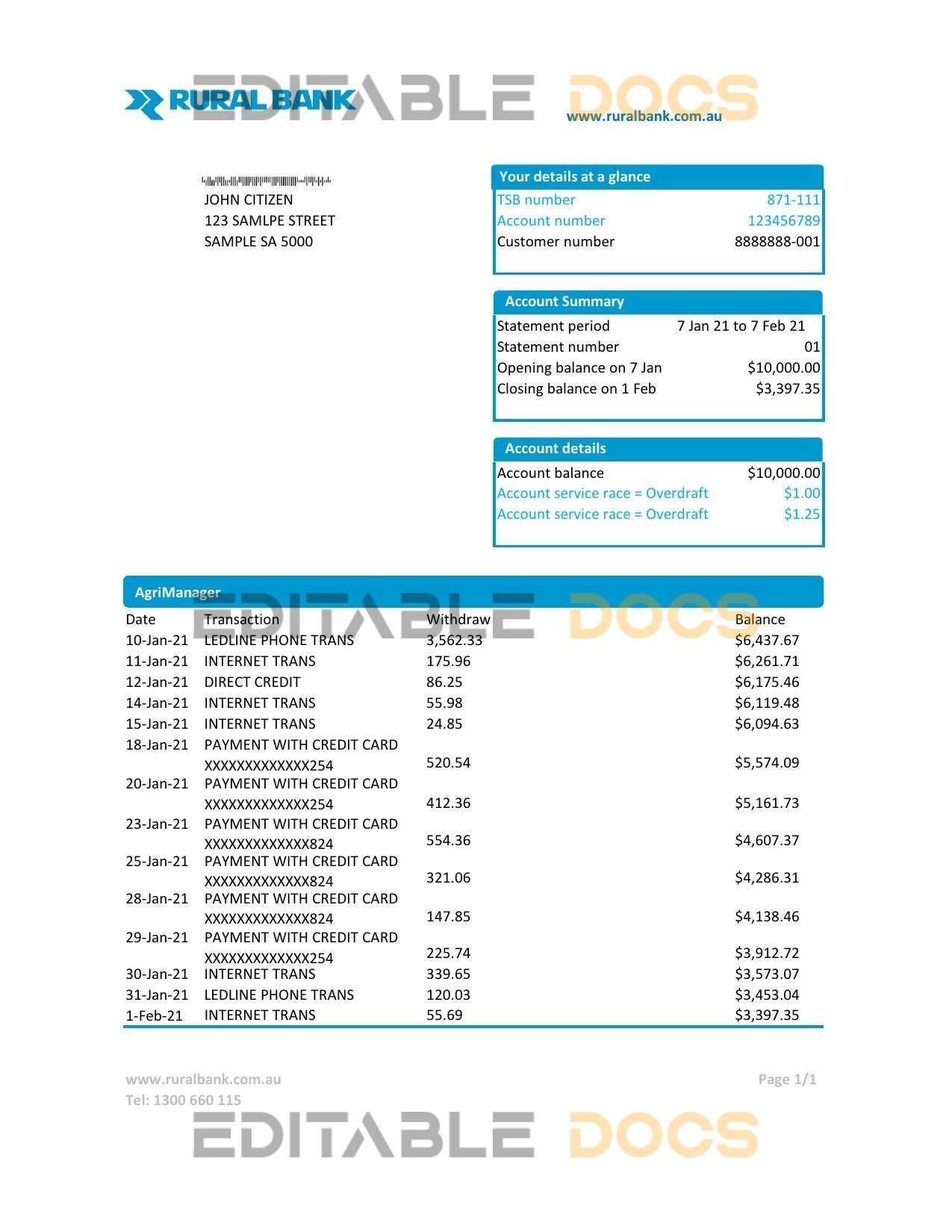 Australia Rural bank proof of address statement template in Word and PDF format