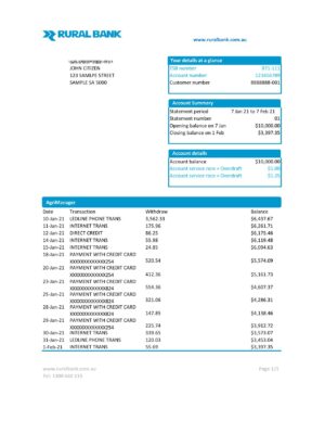 Australia Rural Bank statement easy to fill template in Excel and PDF format