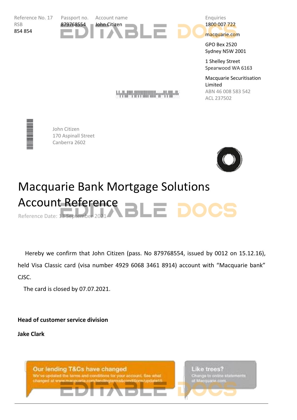 Australia Macquarie proof of address bank statement template in Word and PDF format (.doc and .pdf)