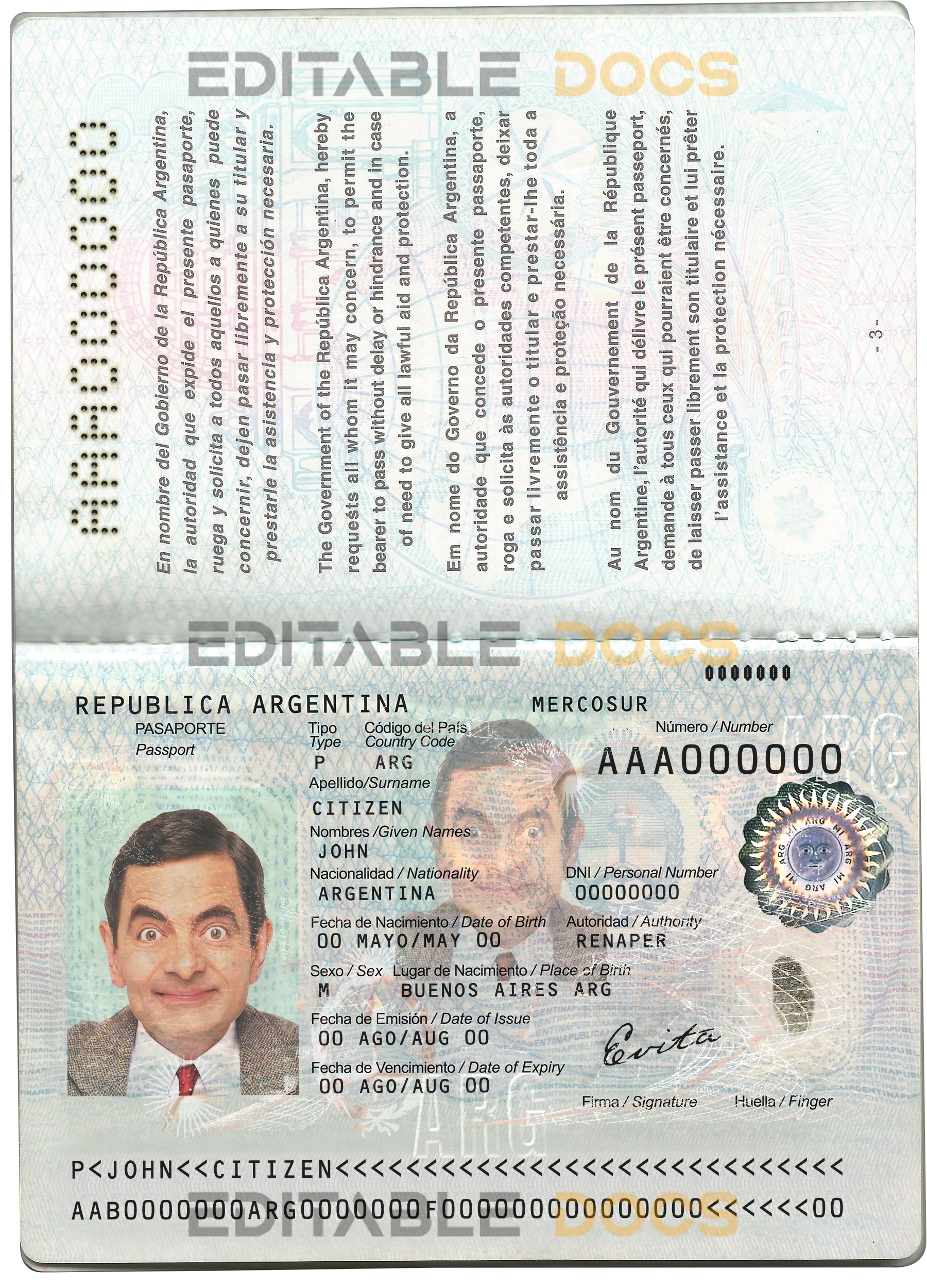 Authentic Argentina PSD Passport Template