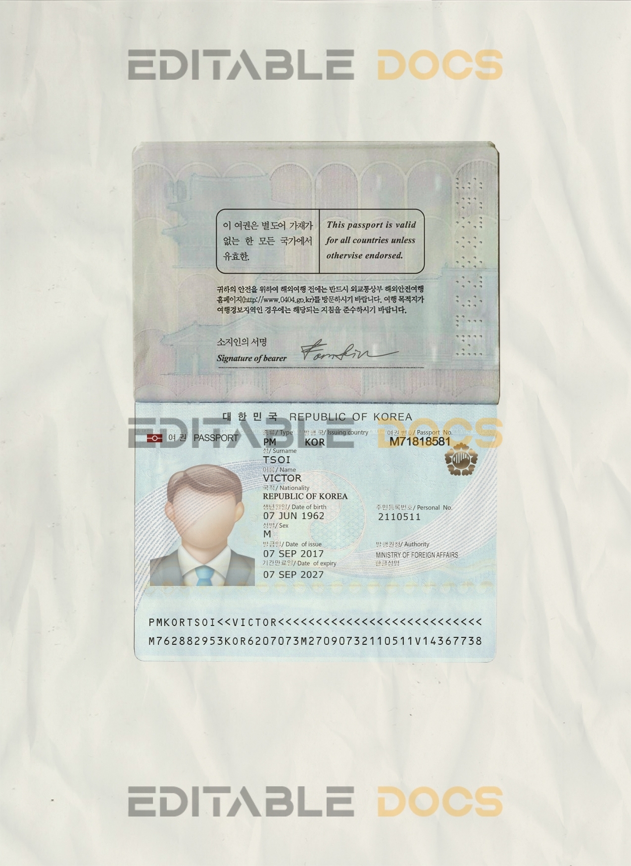 Authentic South Korea PSD Passport Template