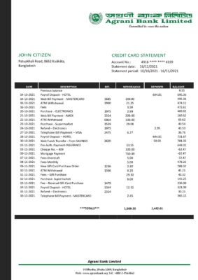 Bangladesh Agrani Bank statement template in Word and PDF format