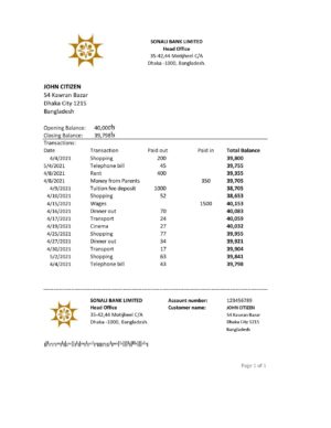 Bangladesh Sonali bank statement easy to fill template in Excel and PDF format