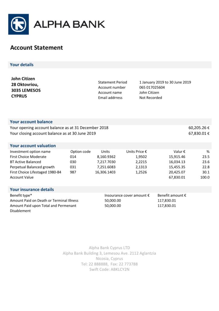 Cyprus Alpha Bank statement easy to fill template in Excel and PDF format