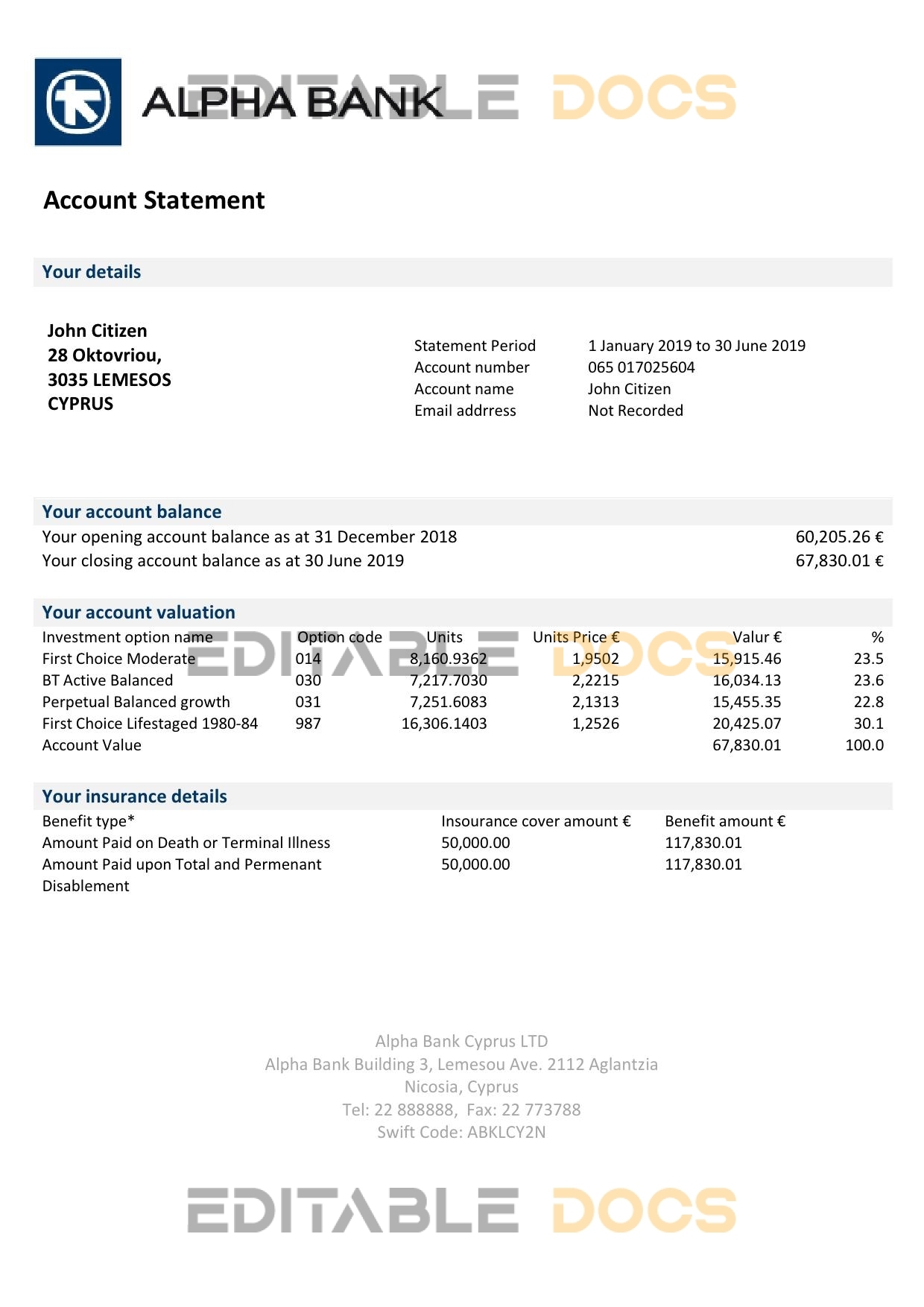Cyprus Alpha Bank statement template in Word and PDF format