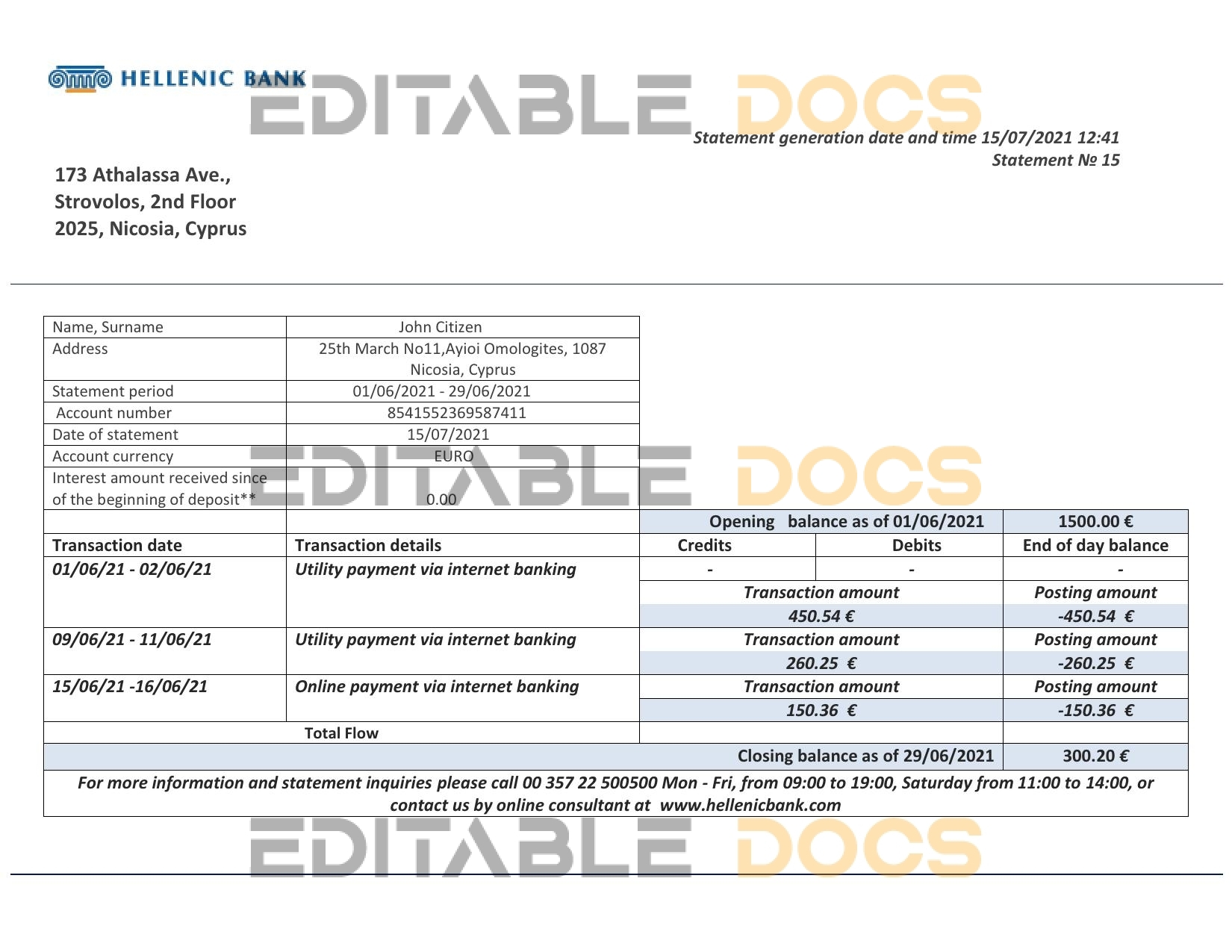 Cyprus Hellenic bank statement template in Word and PDF format