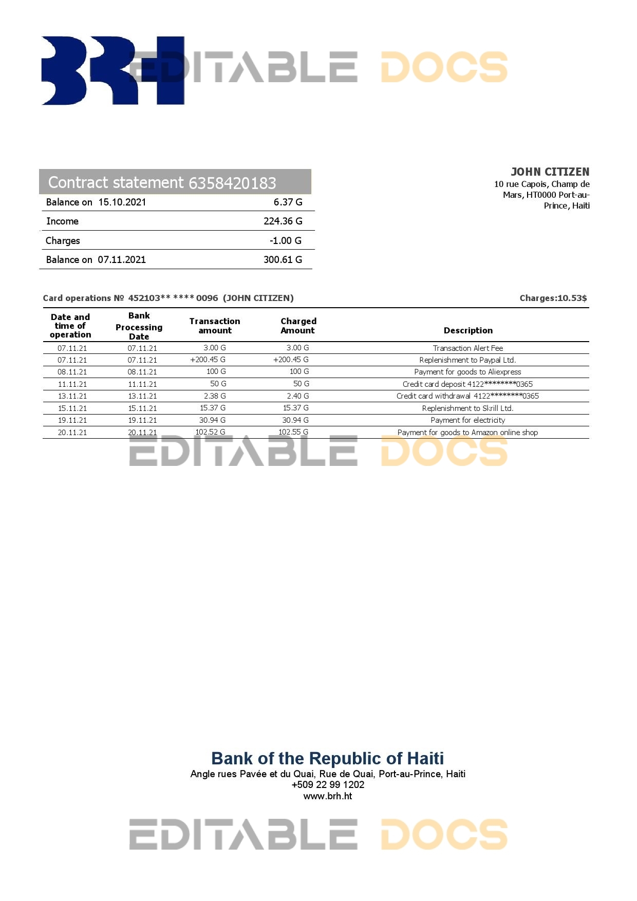 Haiti BRH bank statement template in Word and PDF format