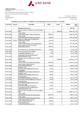 India Axis Bank statement template in .xls and .pdf file format (2 pages)