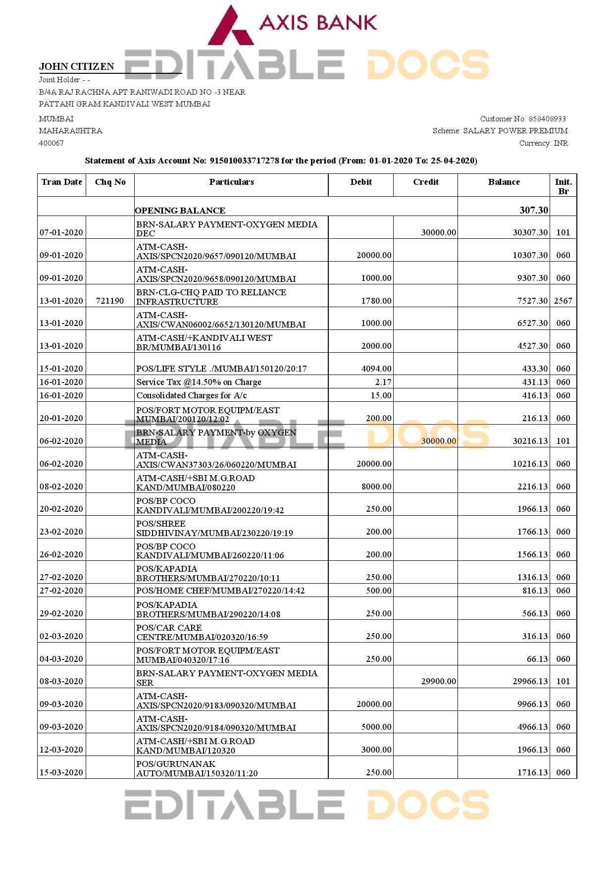 India Axis Bank statement template in .xls and .pdf file format (2 pages)