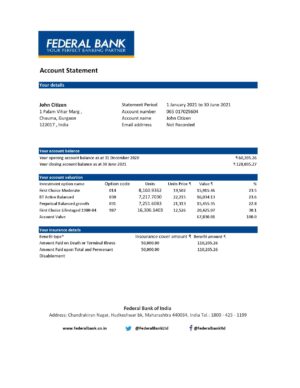 India Federal Bank proof of address statement template in Word and PDF format, .doc and .pdf format
