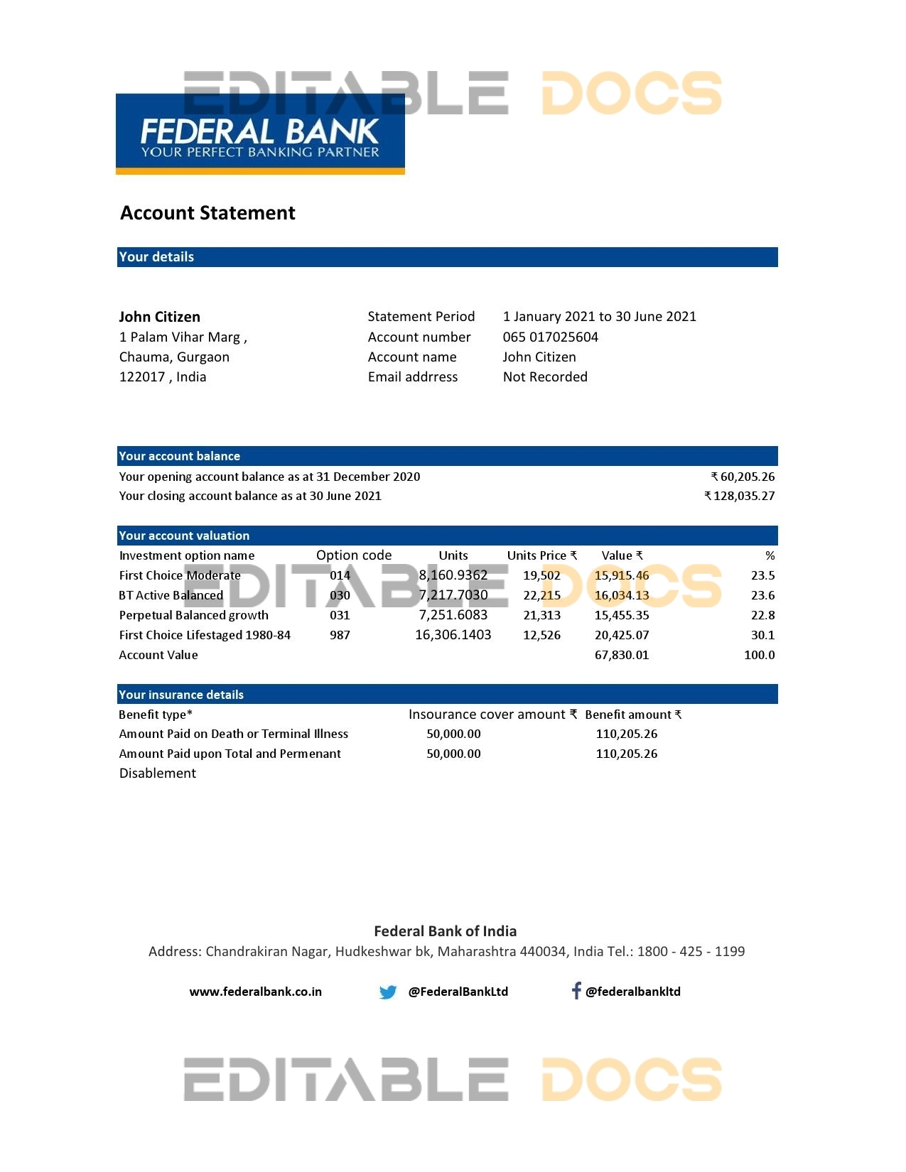 India Federal Bank proof of address statement template in Word and PDF format, .doc and .pdf format
