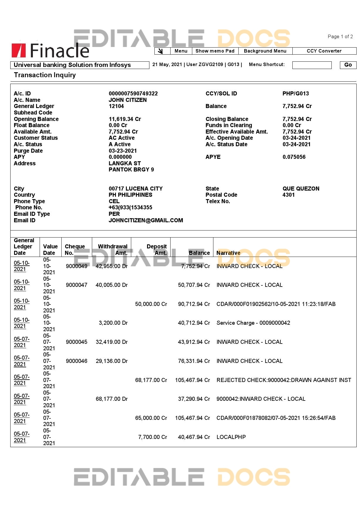 India Finacle bank statement in Word and PDF format (2 pages)