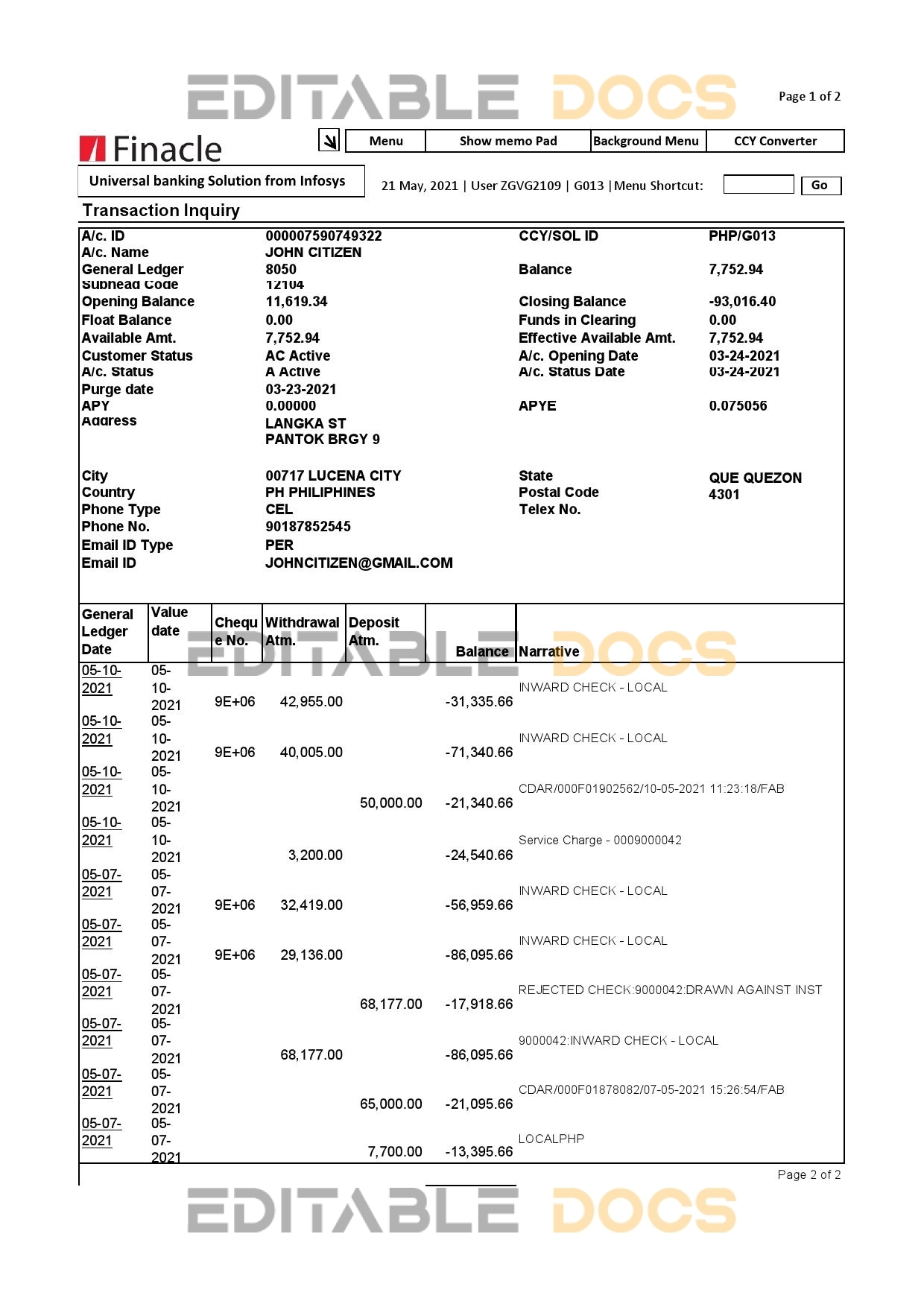 India Finacle bank statement in Excel and PDF format (2 pages)
