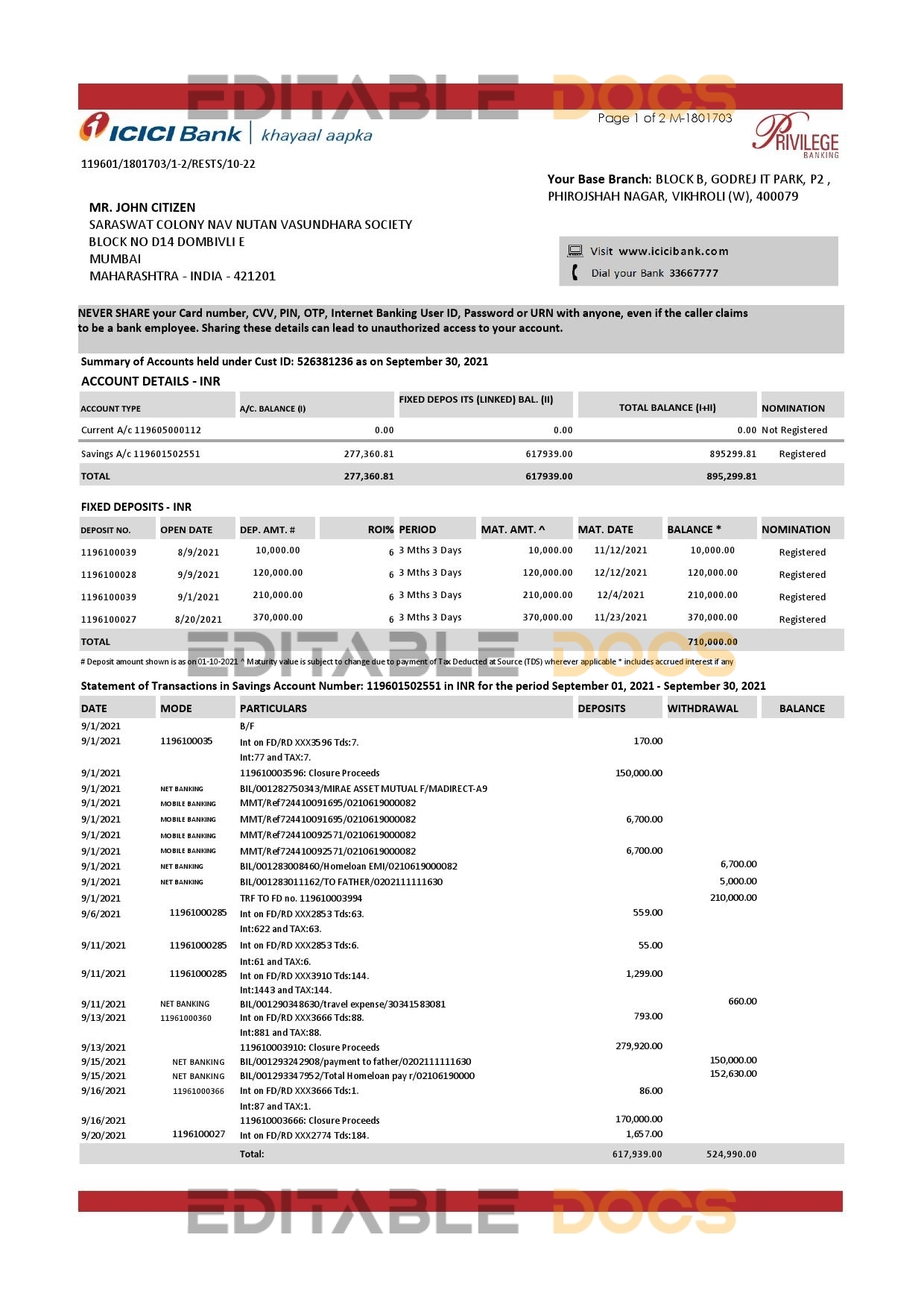 India ICICI Bank statement template in Excel and PDF format (2 pages)