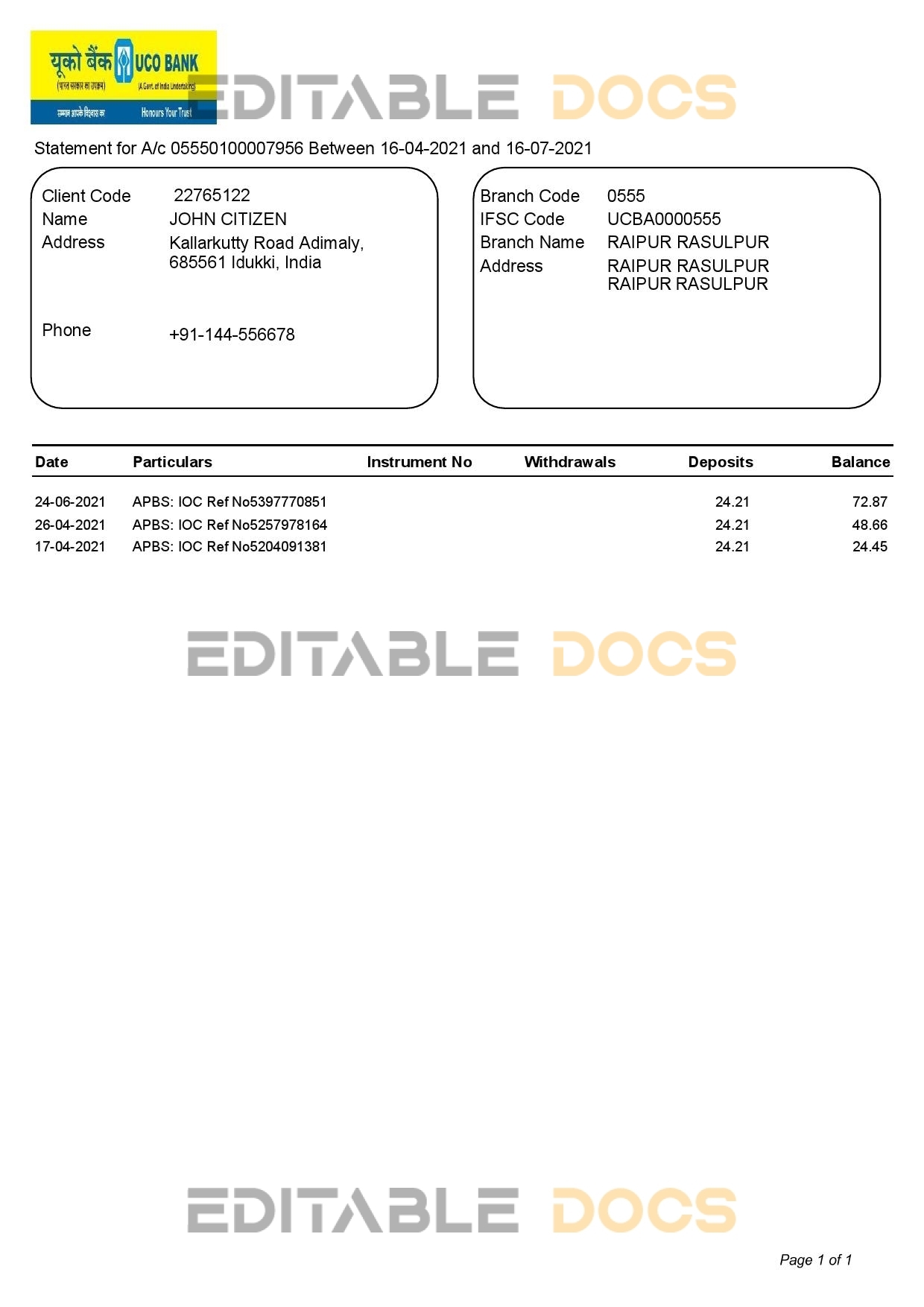 India UCO bank statement template in Word and PDF format