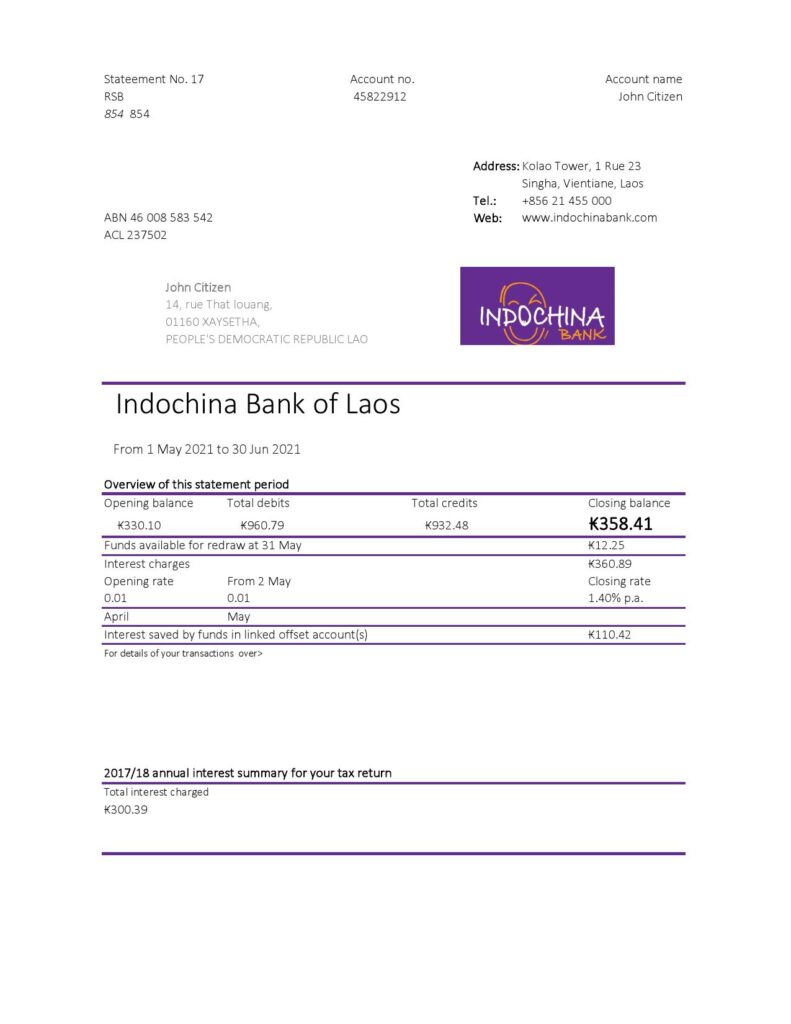 Laos Indochina Bank statement easy to fill template in Excel and PDF format