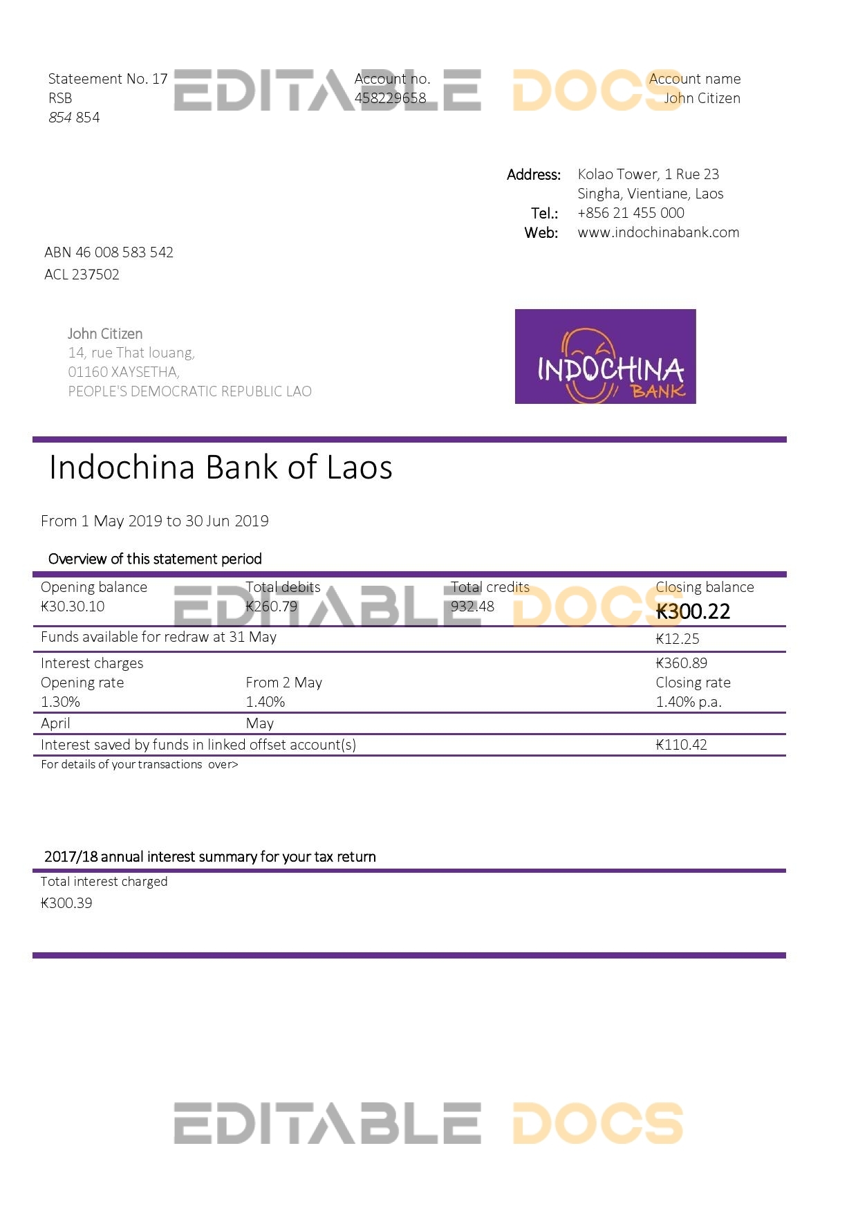 Laos Indochina Bank statement template in Word and PDF format
