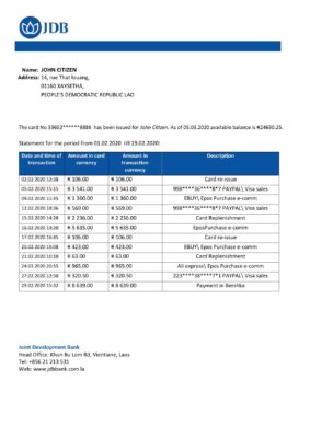 Laos Joint Development Bank (JDB) proof of address bank statement template in Word and PDF format