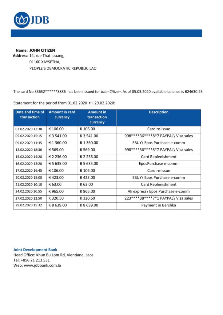Laos Joint Development Bank (JDB) proof of address bank statement template in Word and PDF format