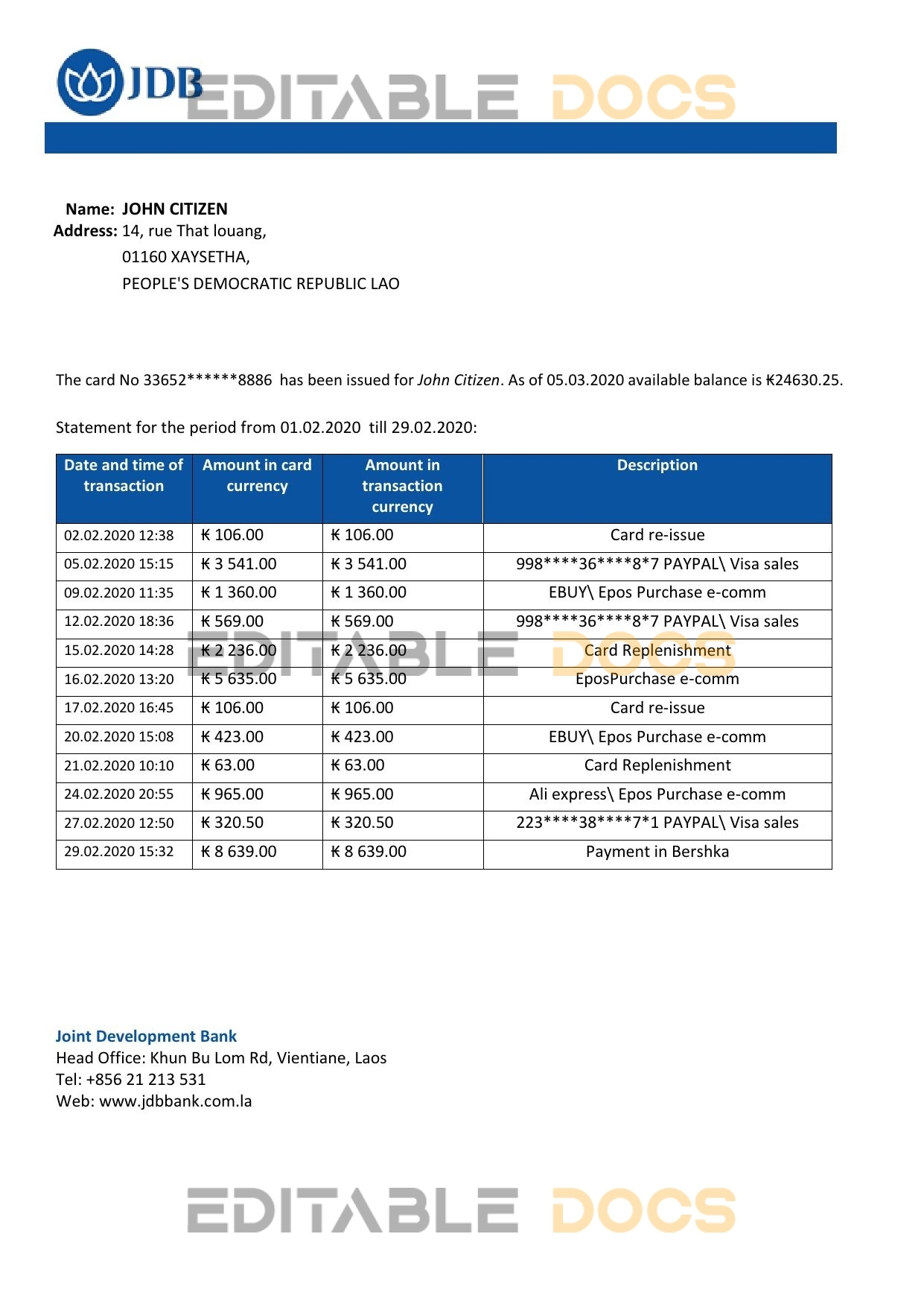 Laos Joint Development Bank (JDB) proof of address bank statement template in Word and PDF format