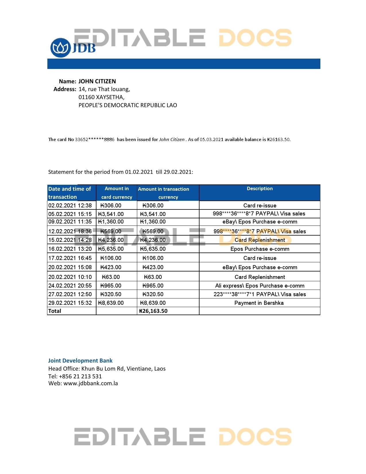 Laos Joint Development Bank (JDB) statement easy to fill template in .xls and .pdf file format
