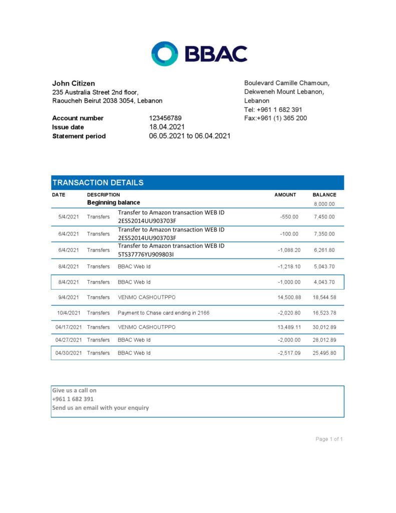 Lebanon BBAC Bank statement easy to fill template in .xls and .pdf file format