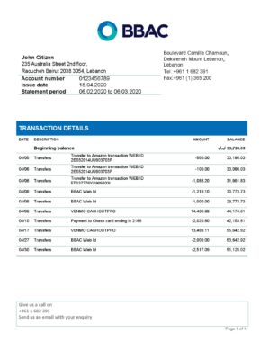 Lebanon BBAC Bank proof of address statement template in Word and PDF format