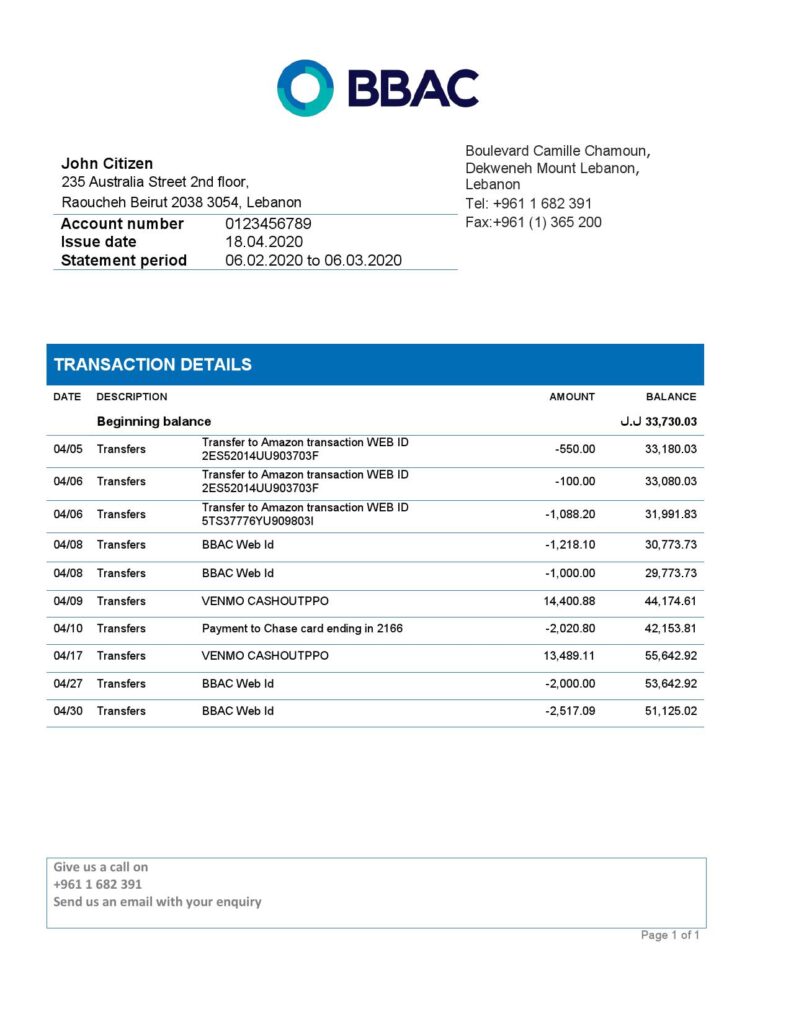 Lebanon BBAC Bank proof of address statement template in Word and PDF format