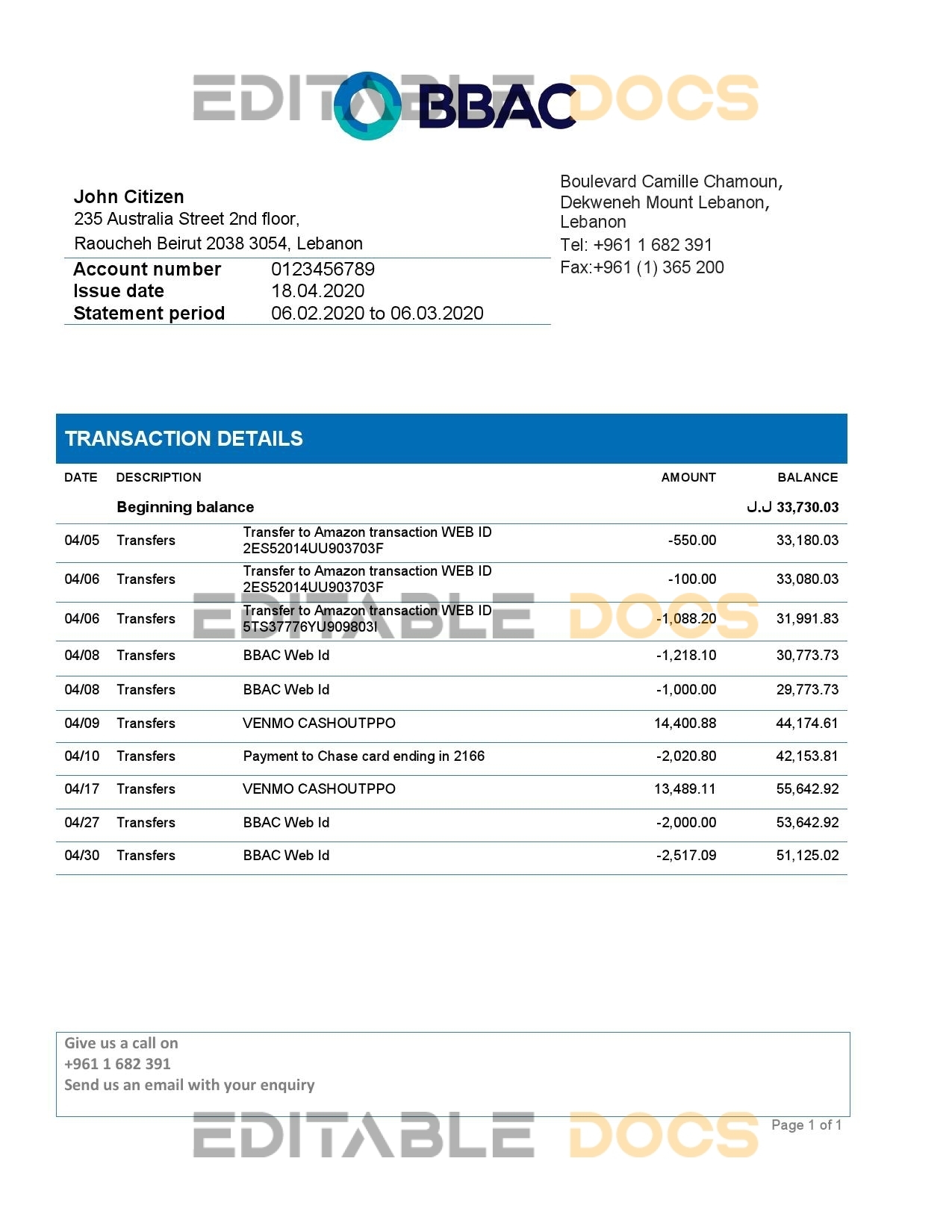 Lebanon BBAC Bank proof of address statement template in Word and PDF format