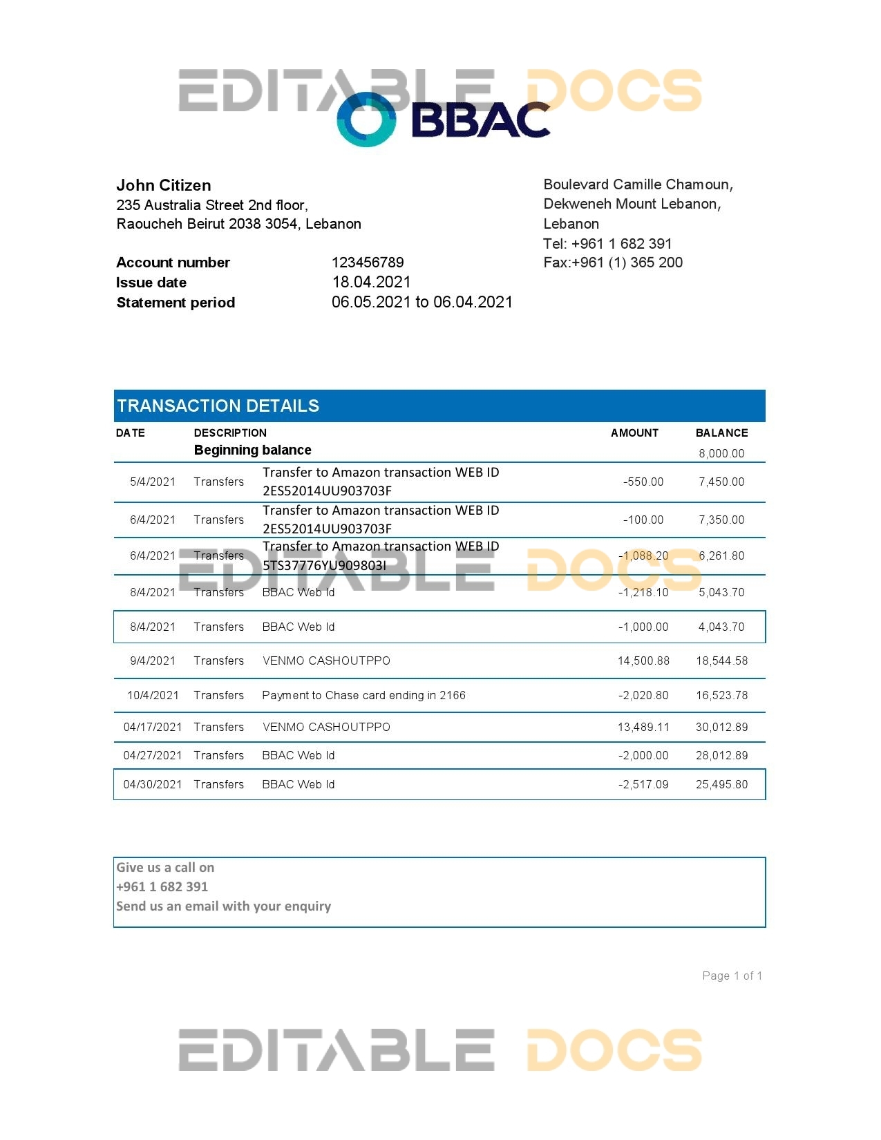 Lebanon BBAC Bank statement easy to fill template in .xls and .pdf file format
