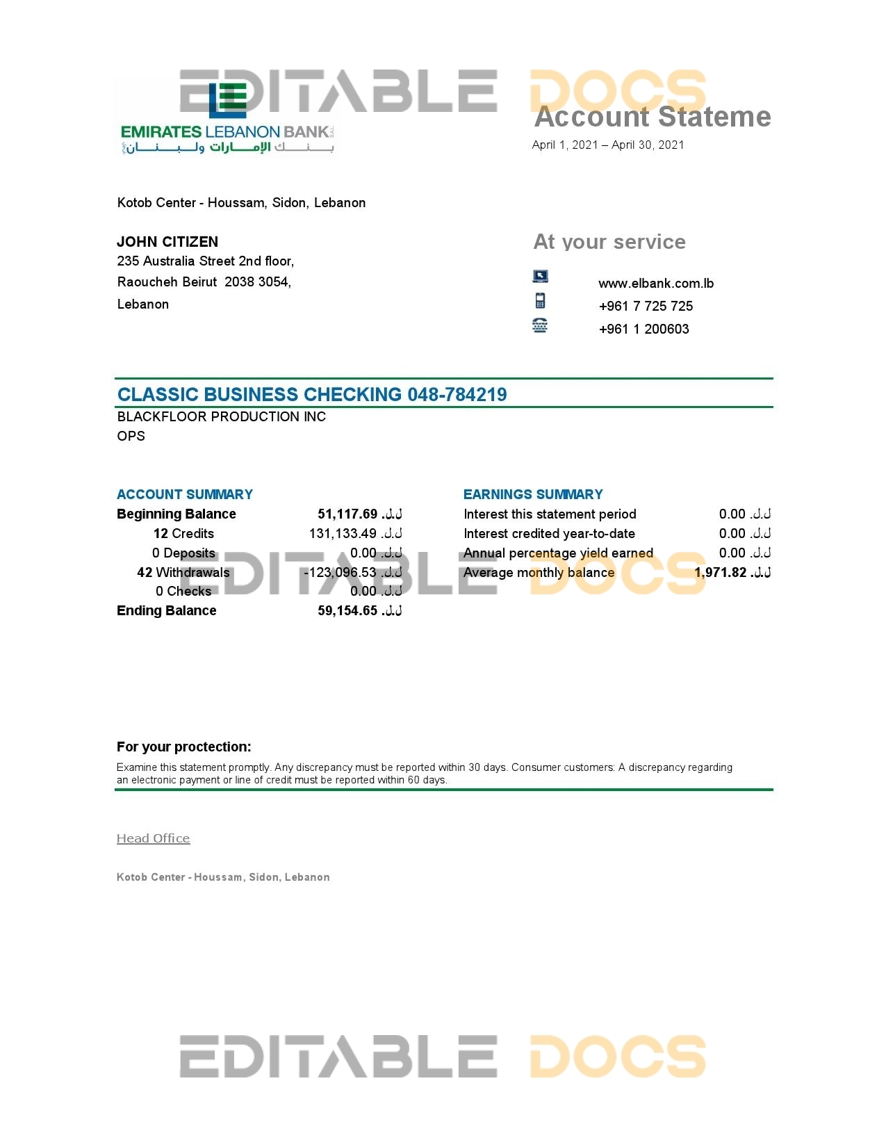 Lebanon Emirates Lebanon Bank statement template in Excel and PDF format, good for address prove