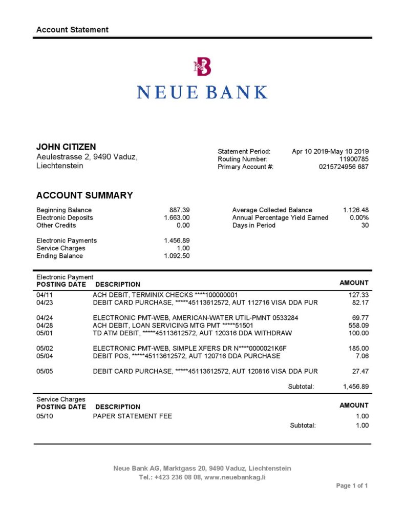 Liechtenstein Neue Bank AG proof of address statement template in Word and PDF format