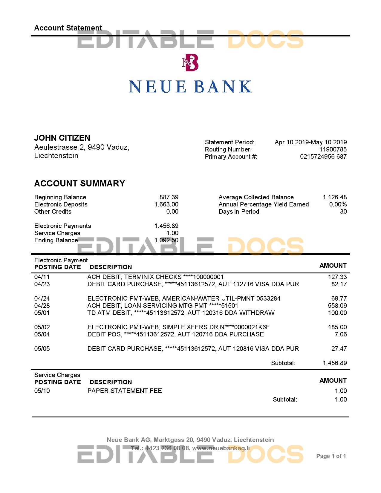 Liechtenstein Neue Bank AG proof of address statement template in Word and PDF format
