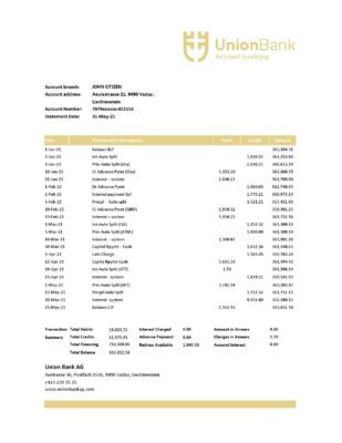 Liechtenstein Union Bank AG bank statement easy to fill template in Excel and PDF format