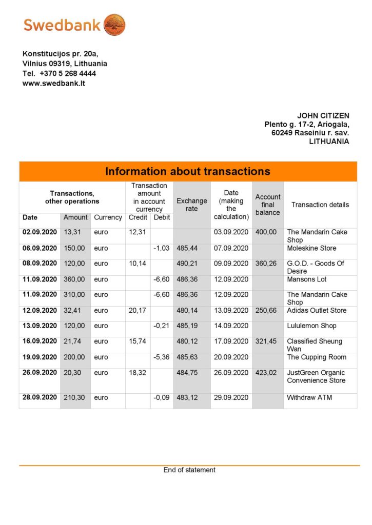 Lithuania Swedbank statement template in Word and PDF format