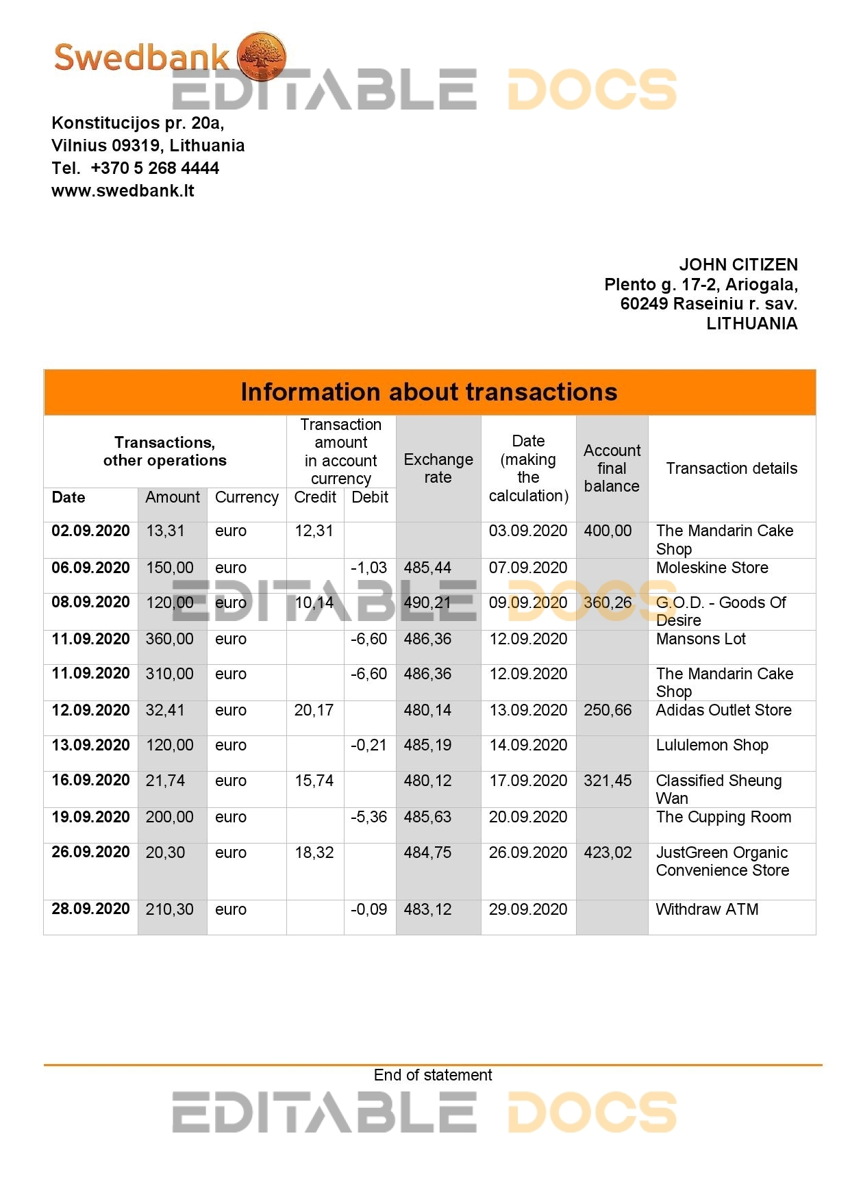 Lithuania Swedbank statement template in Word and PDF format