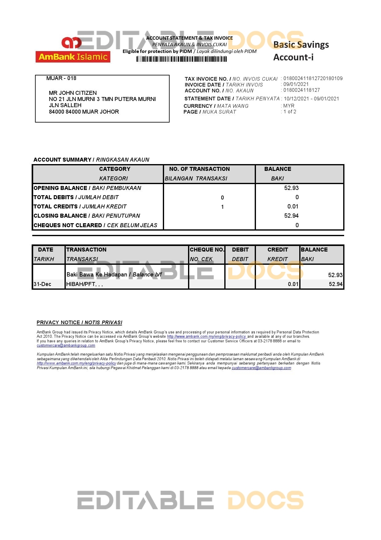 Malaysia AmBank Islamic bank statement template in Excel and PDF format (2 pages)