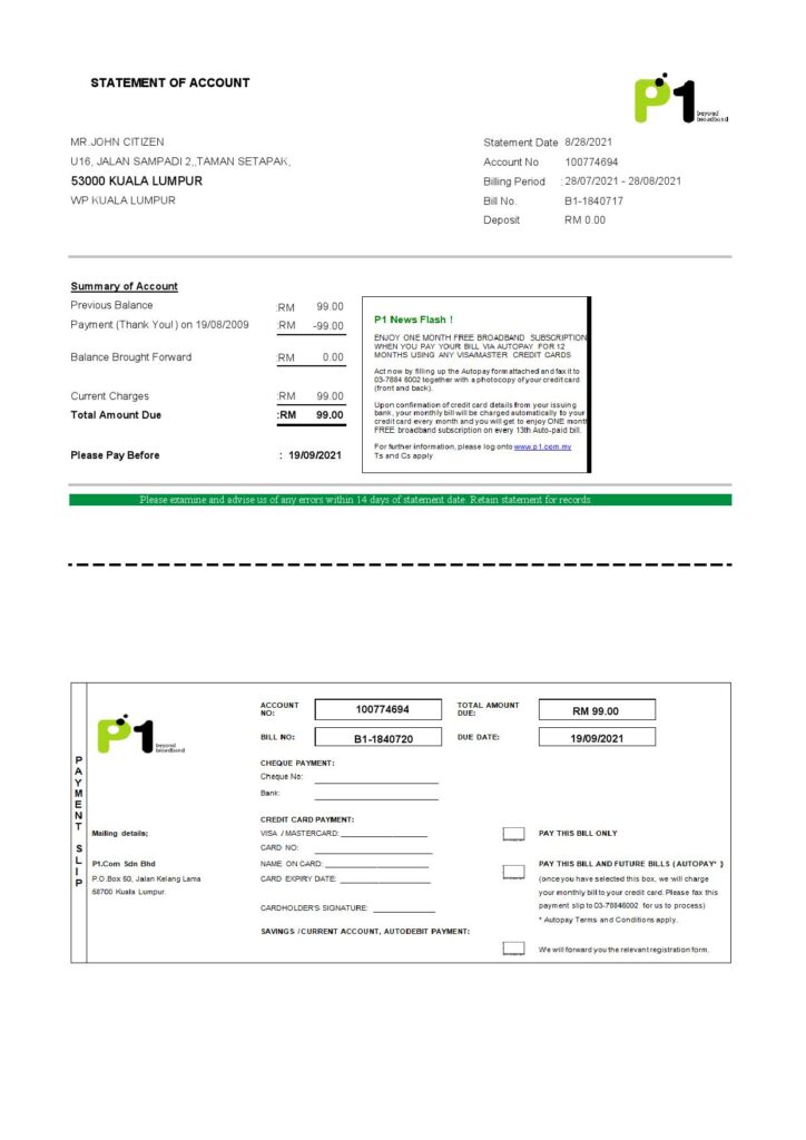 Malaysia Packet 1 Network bank statement template in Excel and PDF format (3 pages)