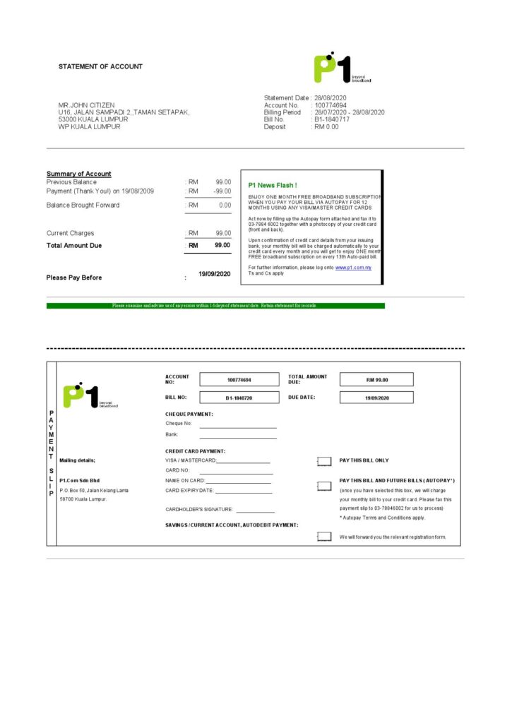 Malaysia Packet 1 Network bank statement template in Word and PDF format (3 pages)
