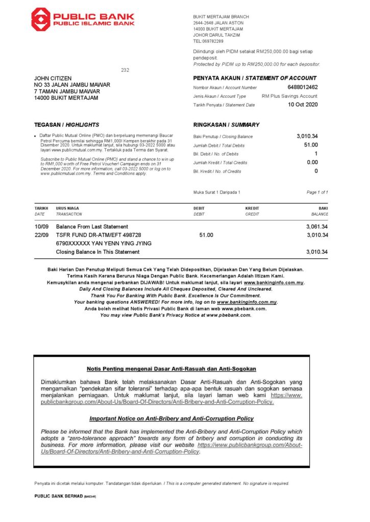 Malaysia Public bank statement template in Word and PDF format
