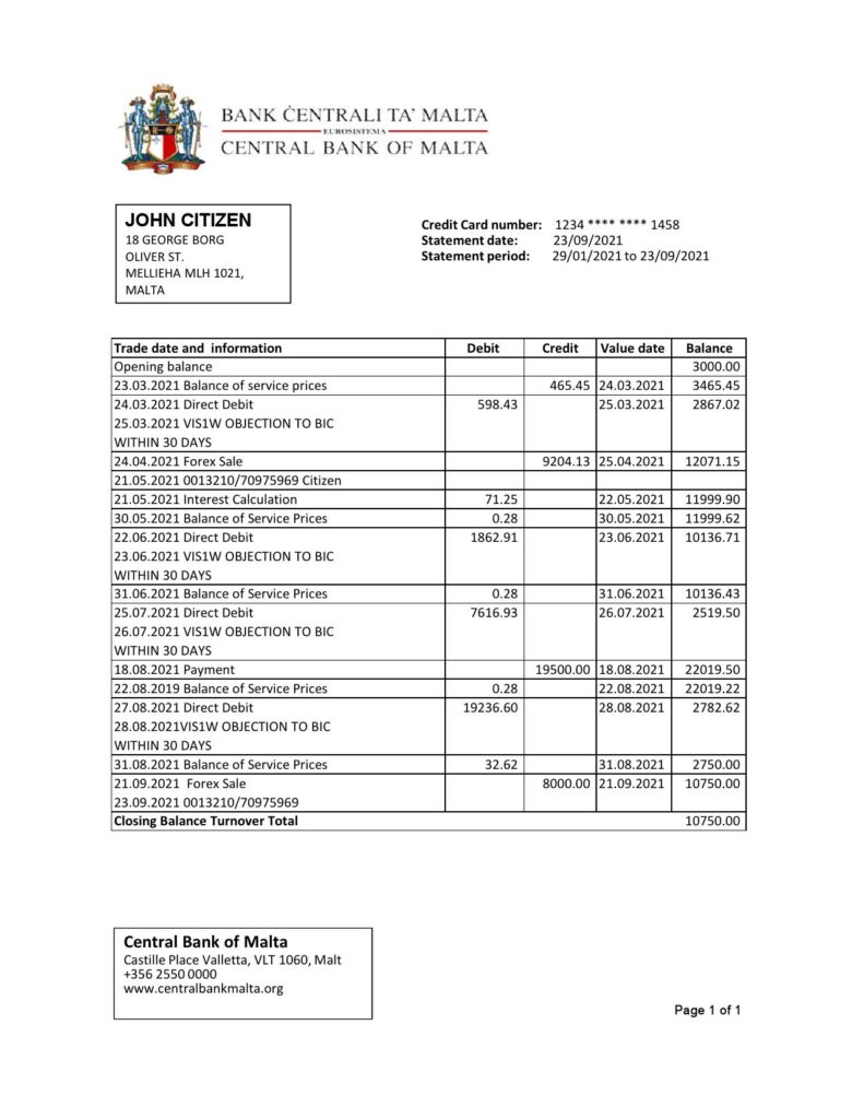 Malta Central Bank of Malta bank statement easy to fill template in Excel and PDF format