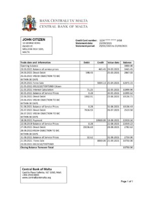 Malta Central Bank of Malta bank statement easy to fill template in Excel and PDF format