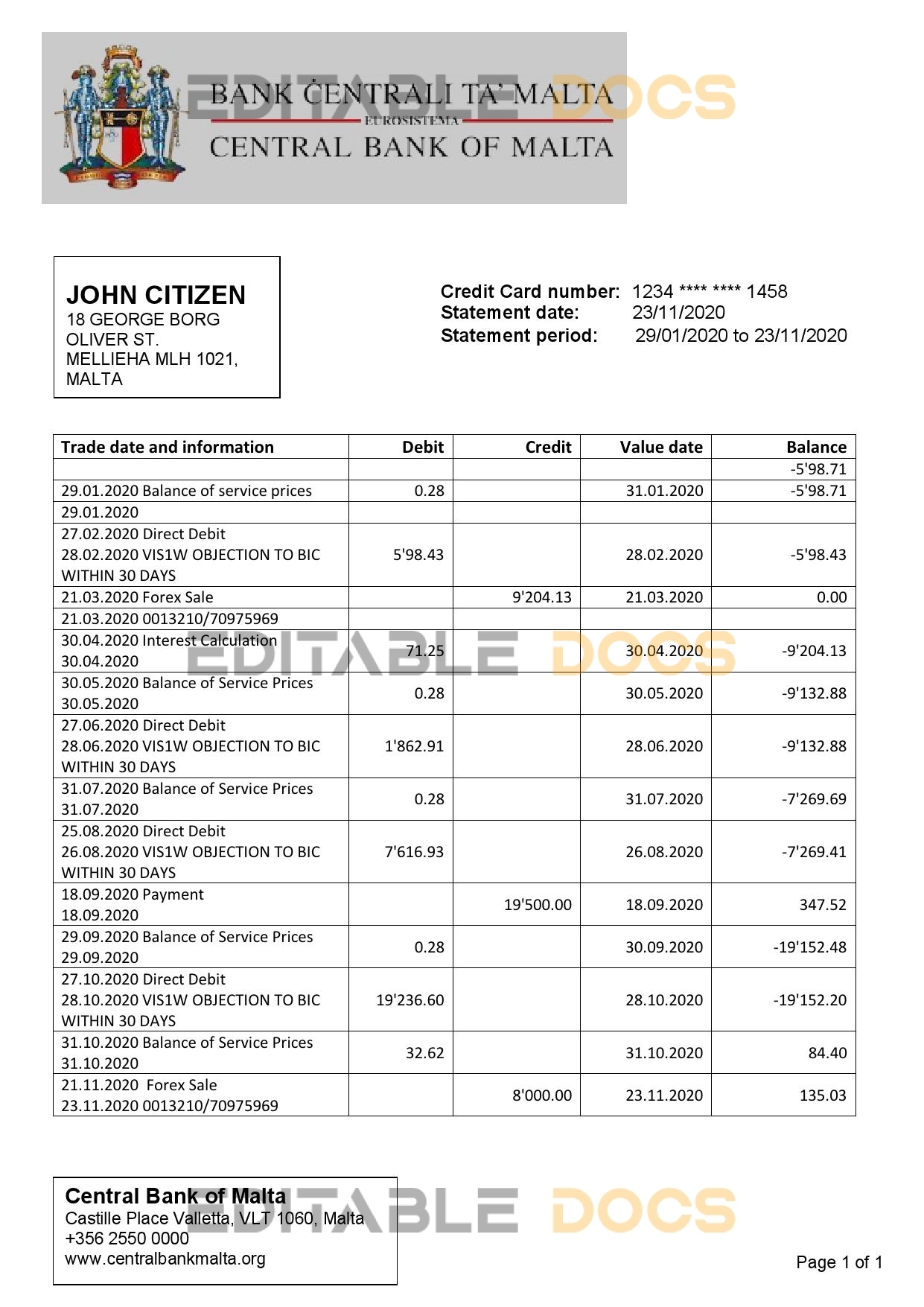 Malta Central Bank of Malta bank statement template in Word and PDF format